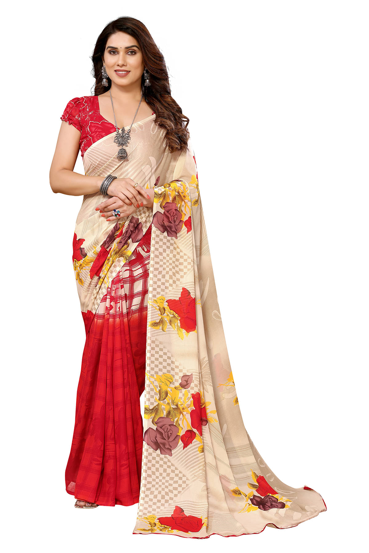     			ANAND SAREES Georgette Printed Saree With Unstitched Blouse Piece ( Red )