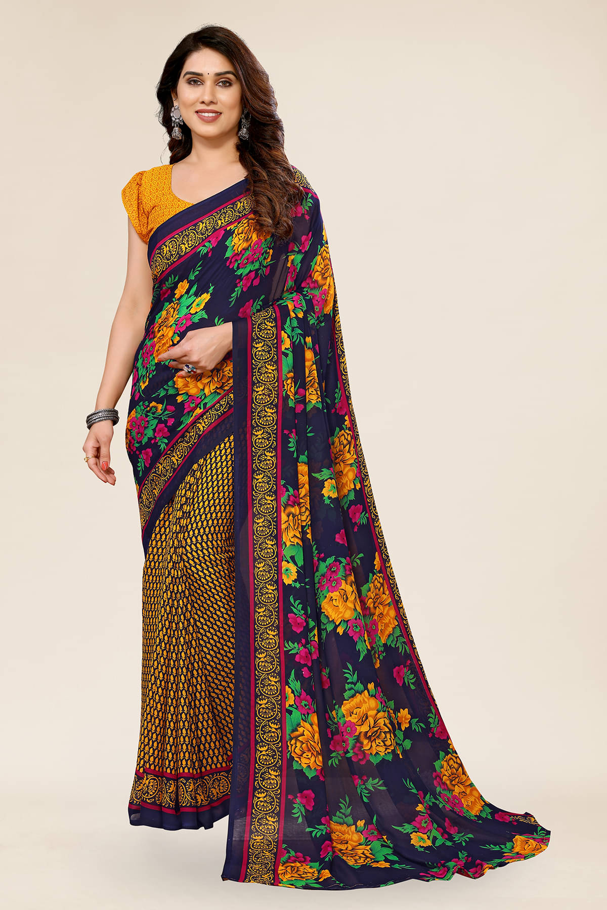 ANAND SAREES Georgette Printed Saree With Unstitched Blouse Piece ( Yellow ) ANAND SAREES Georgette Printed Saree With Unstitched Blouse Piece ( Yellow )
