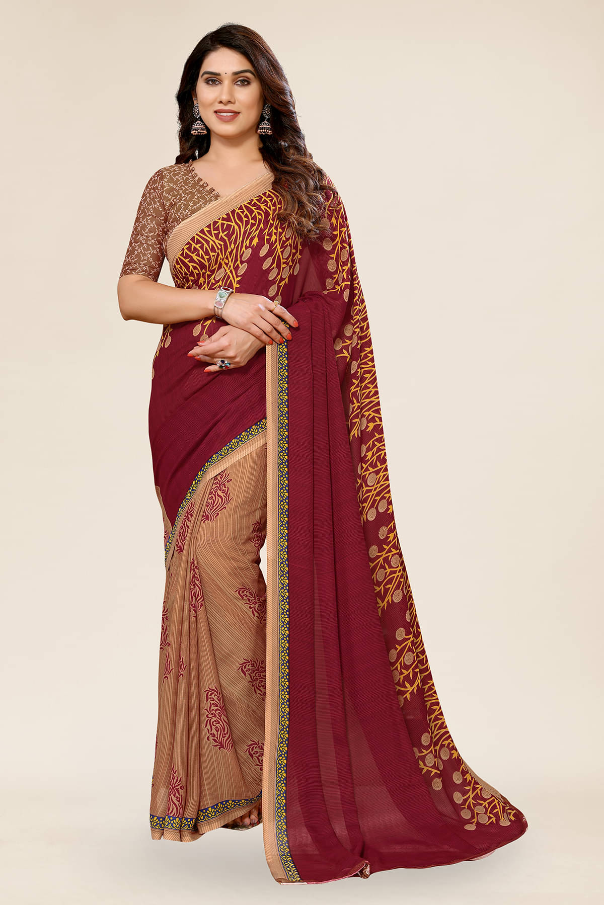 ANAND SAREES Georgette Printed Saree With Unstitched Blouse Piece ( Maroon ) ANAND SAREES Georgette Printed Saree With Unstitched Blouse Piece ( Maroon )