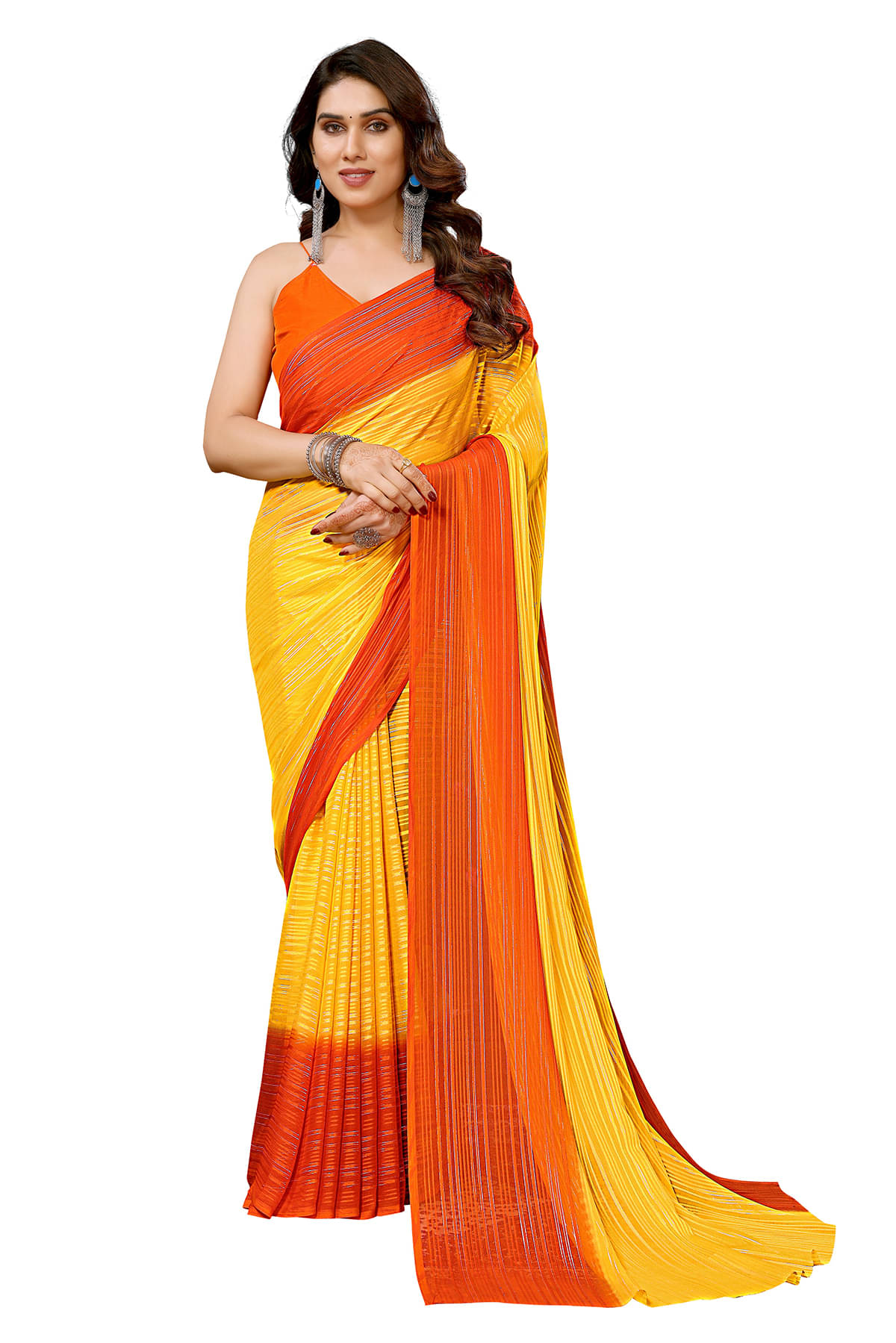     			ANAND SAREES Satin Striped Saree With Unstitched Blouse Piece ( Yellow )