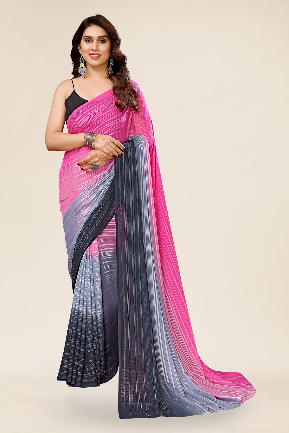 ANAND SAREES Satin Striped Saree With Unstitched Blouse Piece ( Pink ) ANAND SAREES Satin Striped Saree With Unstitched Blouse Piece ( Pink )