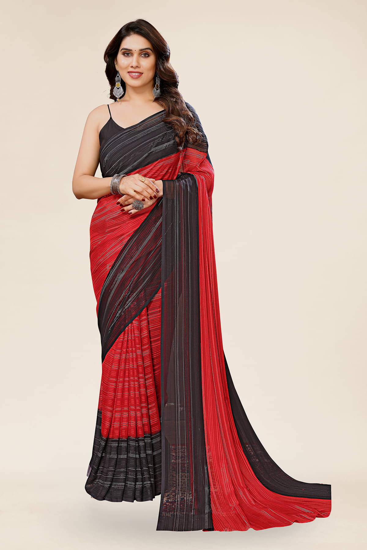     			ANAND SAREES Satin Colorblock Saree Without Blouse Piece ( Black )