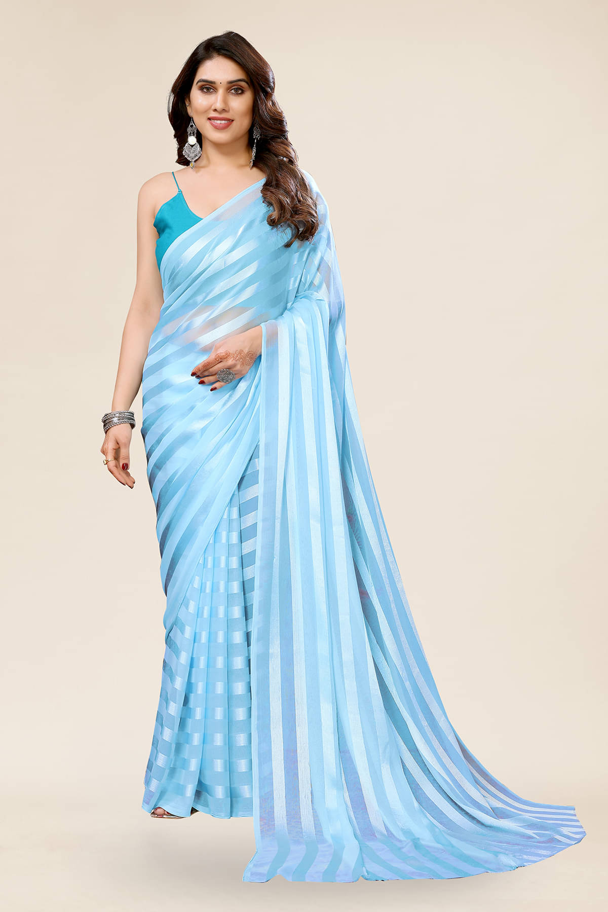 ANAND SAREES Satin Striped Saree With Unstitched Blouse Piece ( Light Blue ) ANAND SAREES Satin Striped Saree With Unstitched Blouse Piece ( Light Blue )