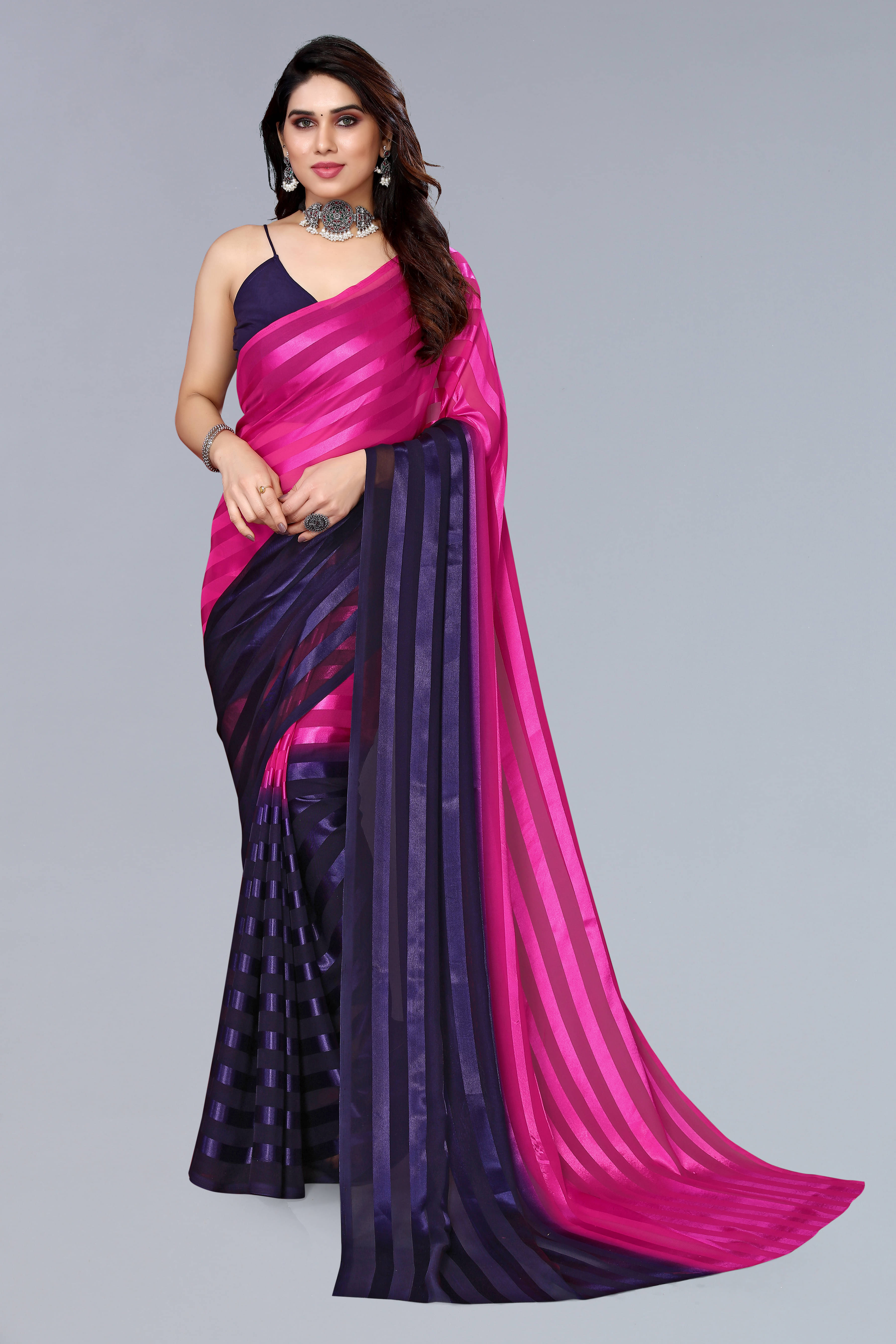     			ANAND SAREES Satin Striped Saree With Unstitched Blouse Piece ( Rani )