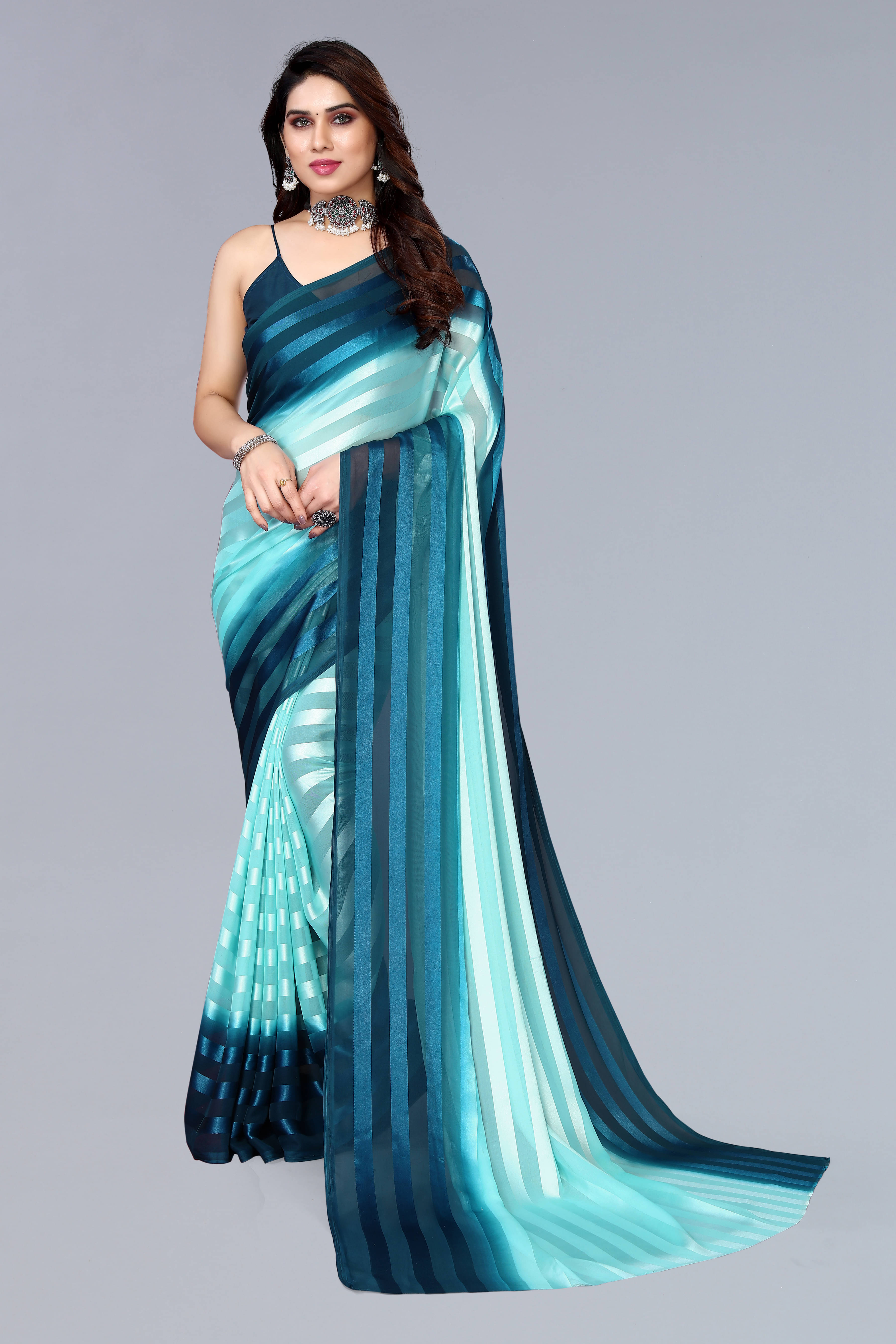     			ANAND SAREES Satin Striped Saree With Unstitched Blouse Piece ( Turquoise )