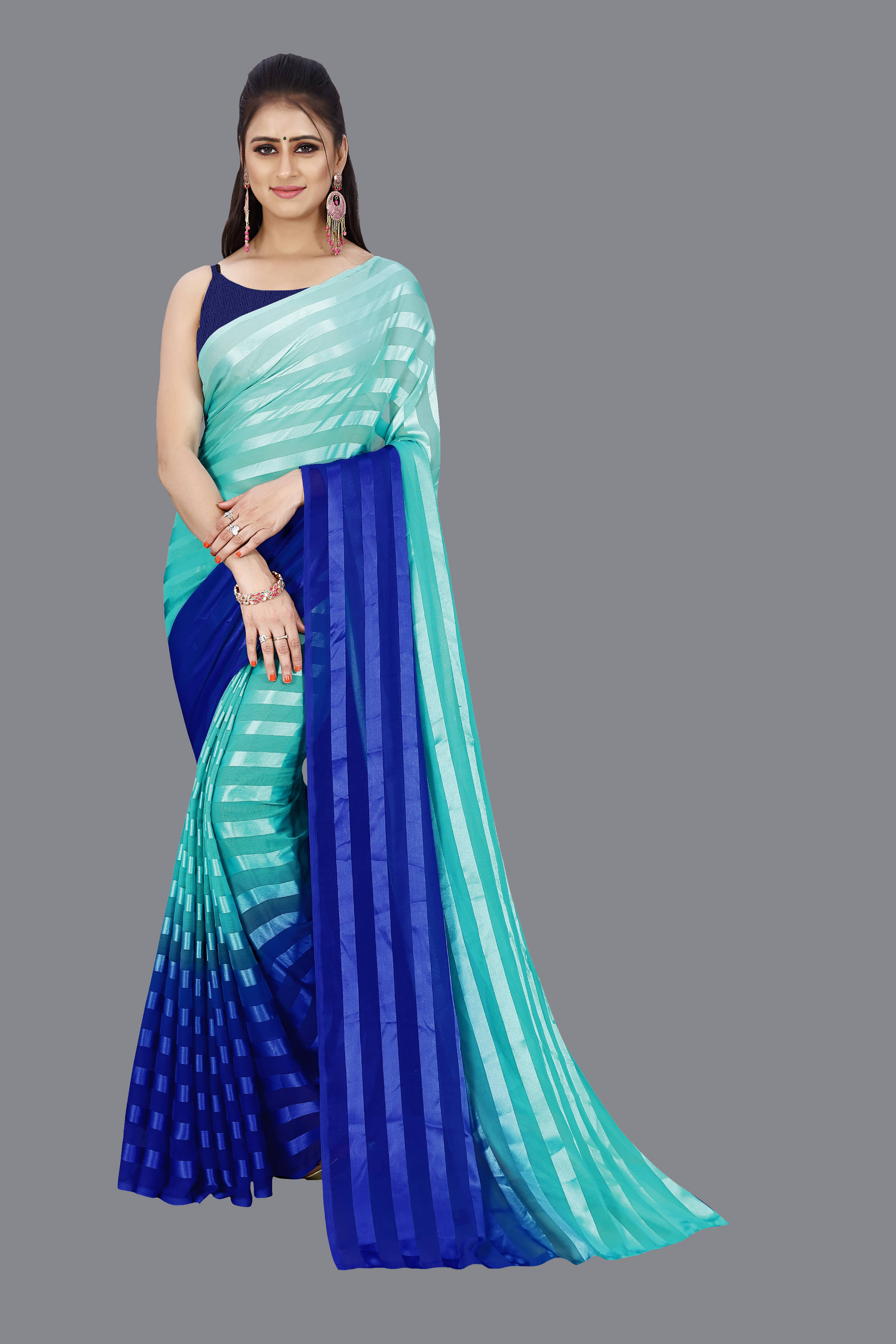     			ANAND SAREES Satin Striped Saree With Unstitched Blouse Piece ( Blue )