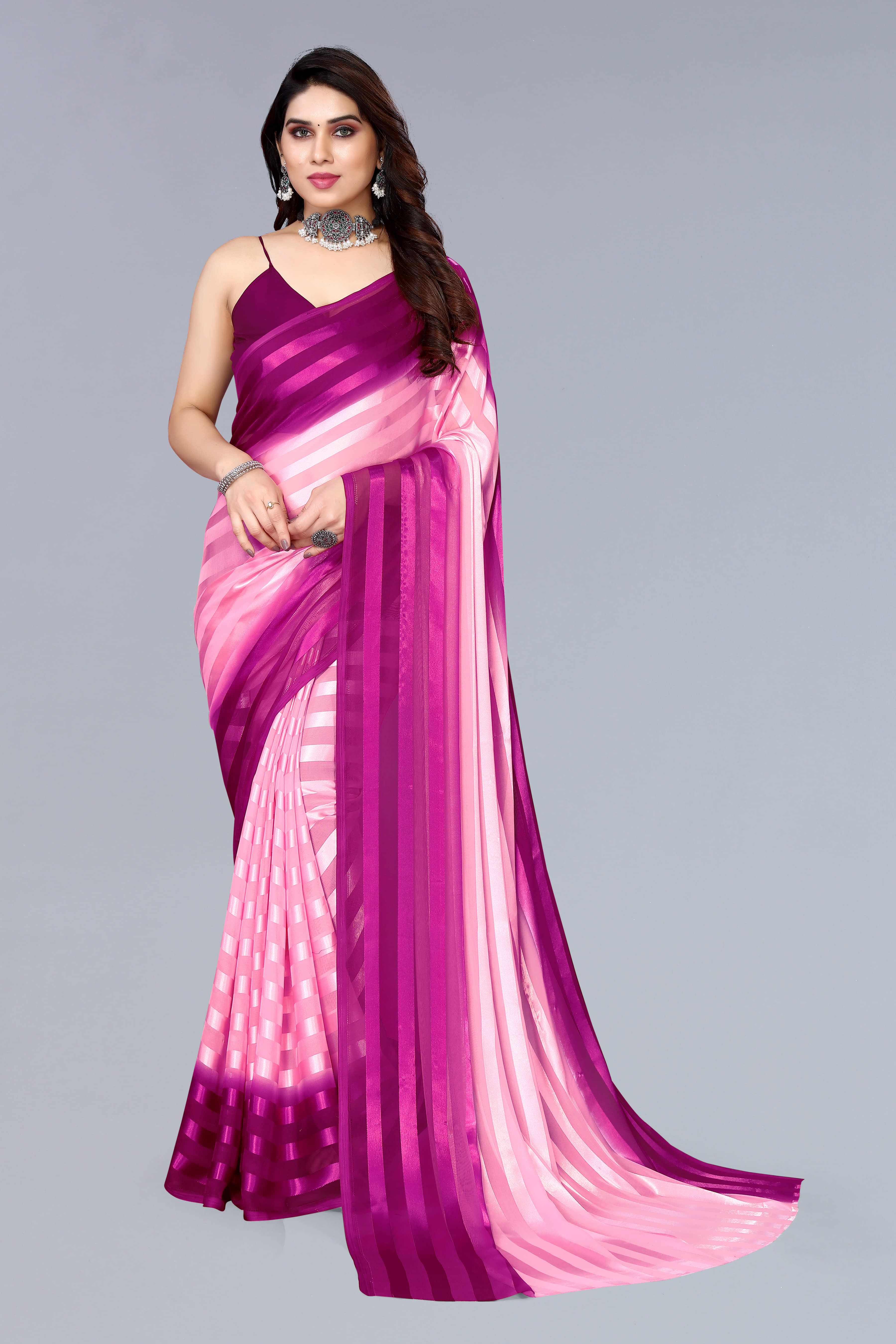 ANAND SAREES Satin Striped Saree With Unstitched Blouse Piece ( Purple ) - Sarees | Buy online on ZillyBuy