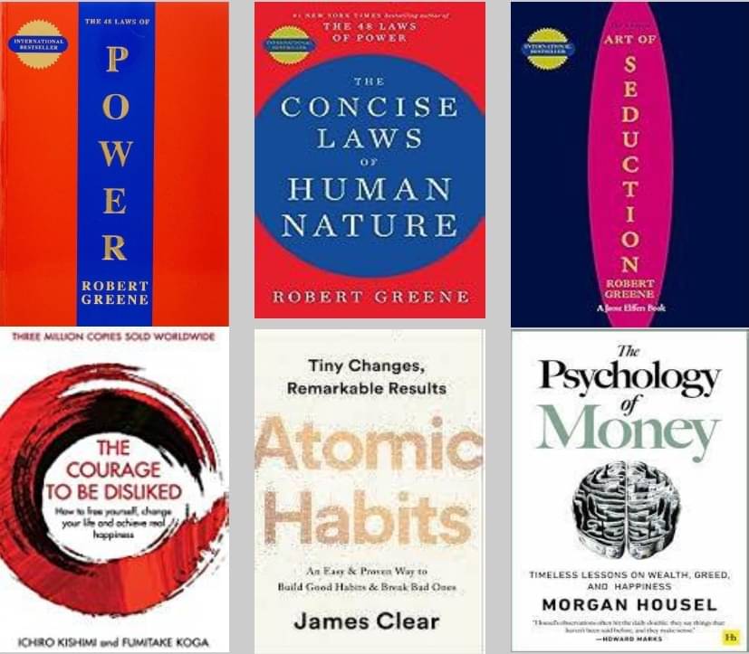 Concise Art Of Seduction + 48 Laws Of Power + The Concise Laws Of Human Nature +Atomic Habits + The Psychology of Money + The Courage To Be Disliked Concise Art Of Seduction + 48 Laws Of Power + The Concise Laws Of Human Nature +Atomic Habits + The Psychology of Money + The Courage To Be Disliked