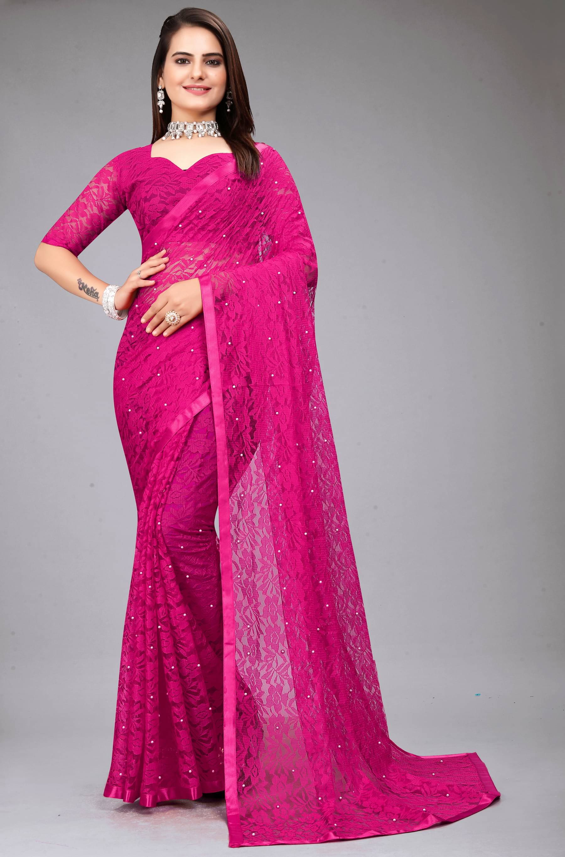 DEVYOG ENTERPRISE Brasso Self Design Saree With Unstitched Blouse Piece ( Rani ) DEVYOG ENTERPRISE Brasso Self Design Saree With Unstitched Blouse Piece ( Rani )