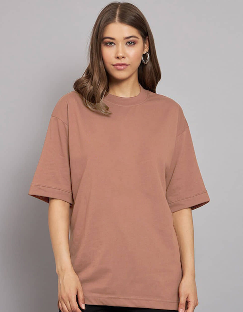 JUNEBERRY Women Cotton Printed Oversized Fit Round Neck T-Shirt ( Brown )