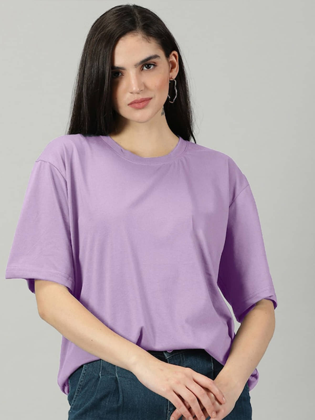 JUNEBERRY Women Cotton Printed Oversized Fit Round Neck T-Shirt ( Purple )