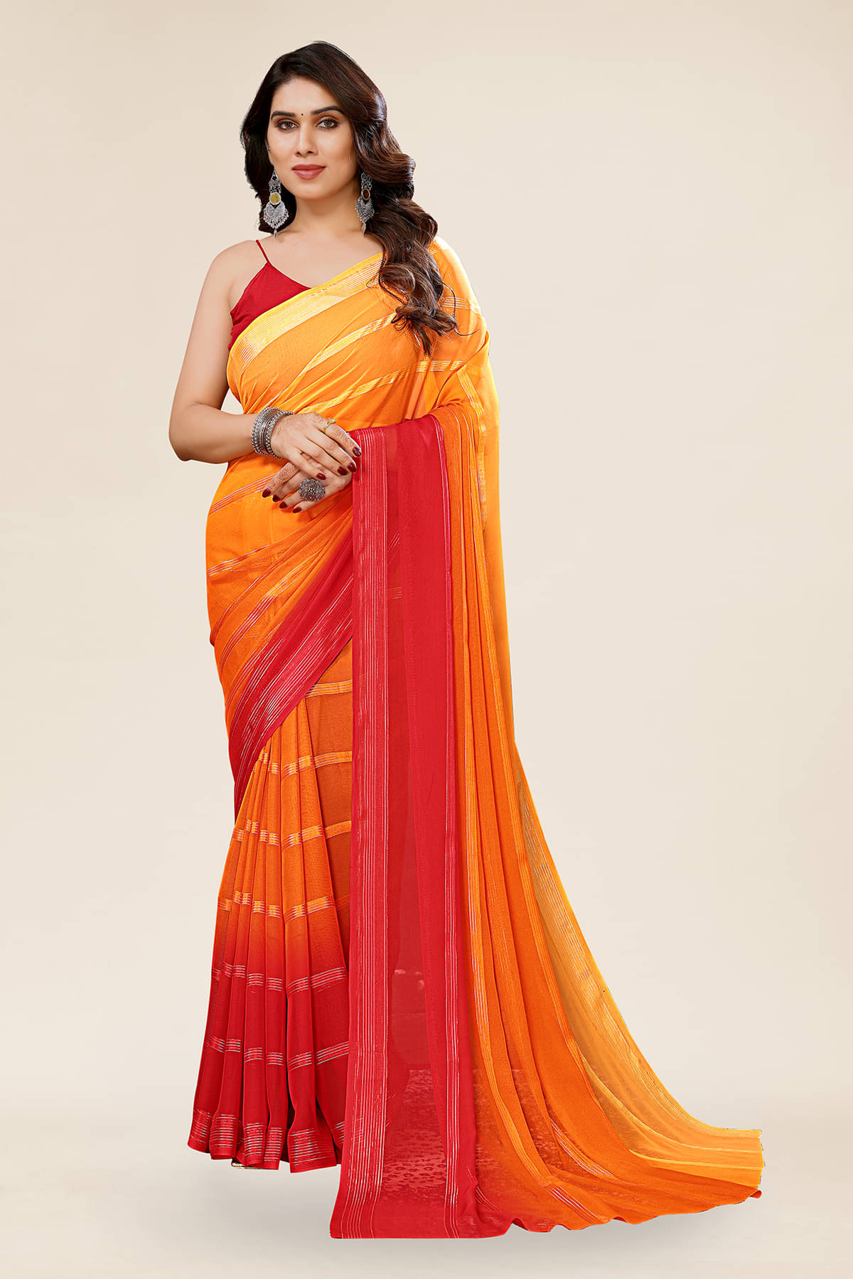     			Kashvi Sarees Satin Striped Saree With Unstitched Blouse Piece ( Red )