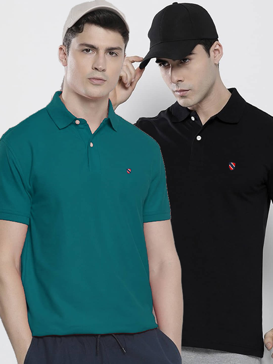 Merriment Pack of 2 Cotton Blend Regular Fit Solid Half Sleeves Men's Polo T Shirt ( Teal Blue )