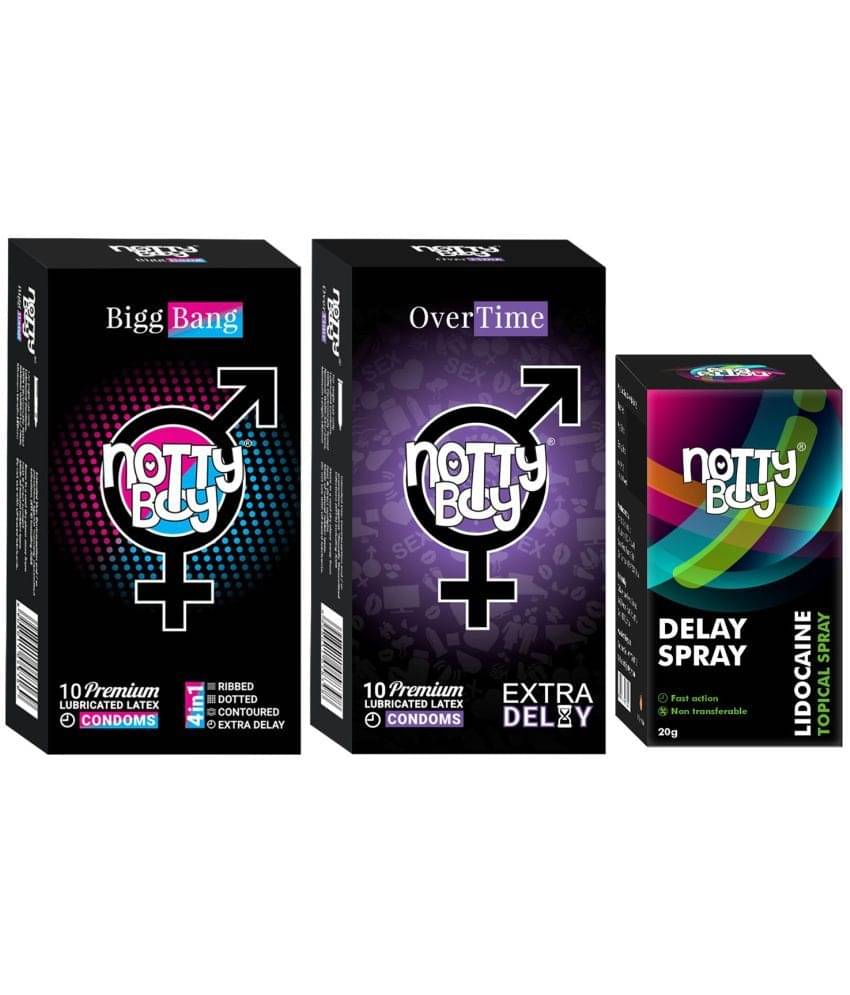 NottyBoy OverTime Non-Transferable Spray 20gm with 4IN1 BiggBang and Extra Delay Condoms (Pack of 2, 20Pcs) NottyBoy OverTime Non-Transferable Spray 20gm with 4IN1 BiggBang and Extra Delay Condoms (Pack of 2, 20Pcs)