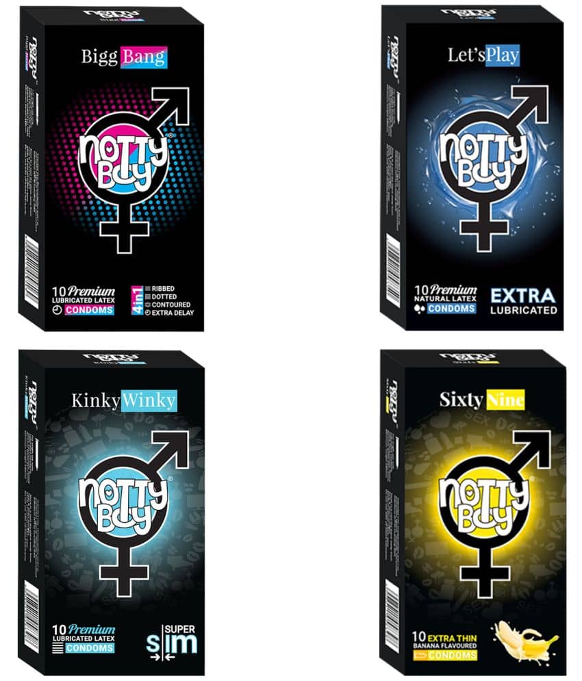 NottyBoy Ribs Dots Contour Extra Time Slim Lube and Banana Flavour Condoms - 40 Pcs