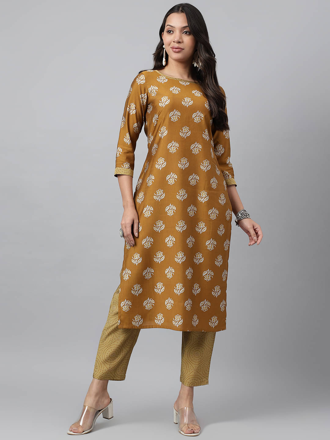     			Shaily Chanderi Self Design Kurti With Pants Women's Stitched Salwar Suit - Mustard ( Pack of 2 )