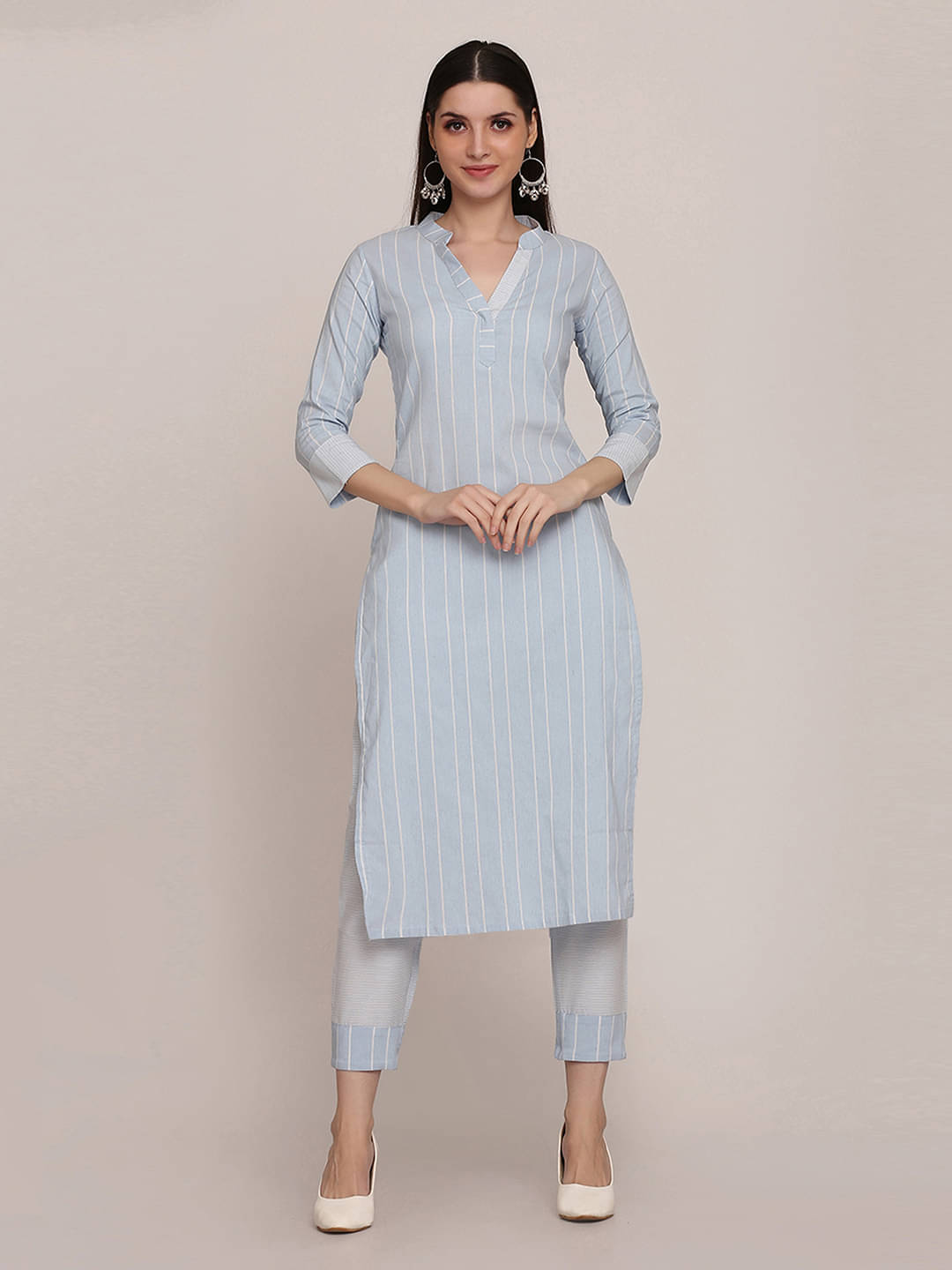 Shaily Cotton Striped Kurti With Pants Women's Stitched Salwar Suit - Light Blue ( Pack of 2 )     			Shaily Cotton Striped Kurti With Pants Women's Stitched Salwar Suit - Light Blue ( Pack of 2 )