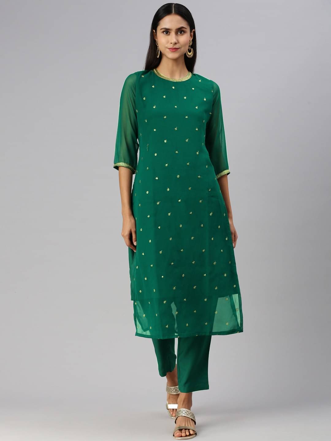     			Shaily Georgette Self Design Kurti With Pants Women's Stitched Salwar Suit - Green ( Pack of 2 )