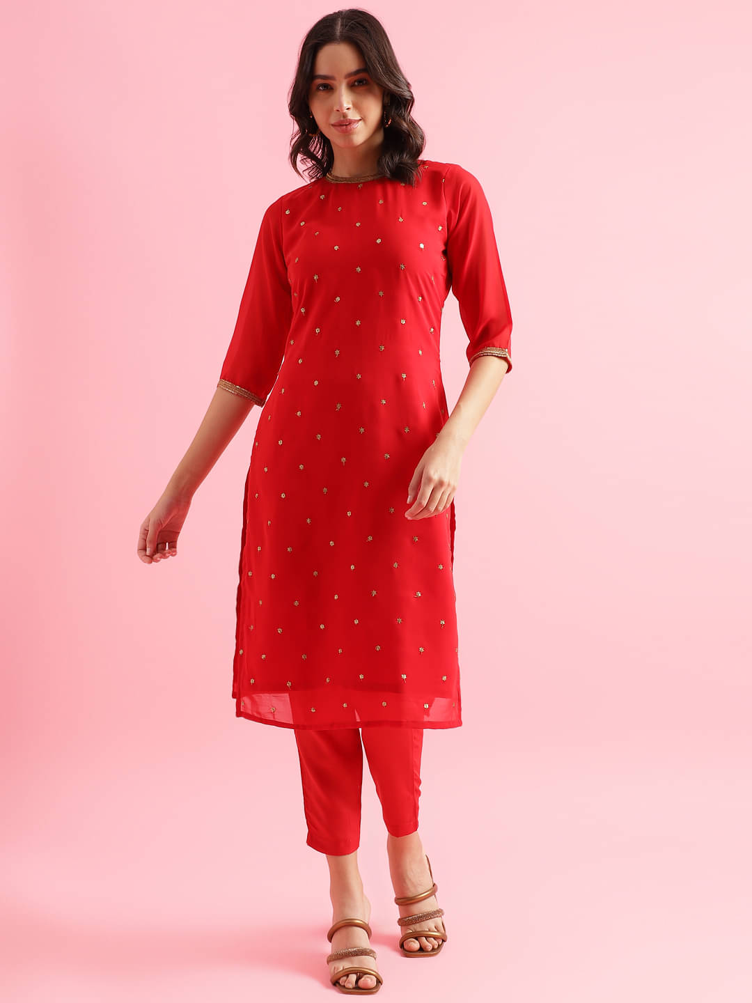 Shaily Georgette Self Design Kurti With Pants Women's Stitched Salwar Suit - Red ( Pack of 2 ) Shaily Georgette Self Design Kurti With Pants Women's Stitched Salwar Suit - Red ( Pack of 2 )