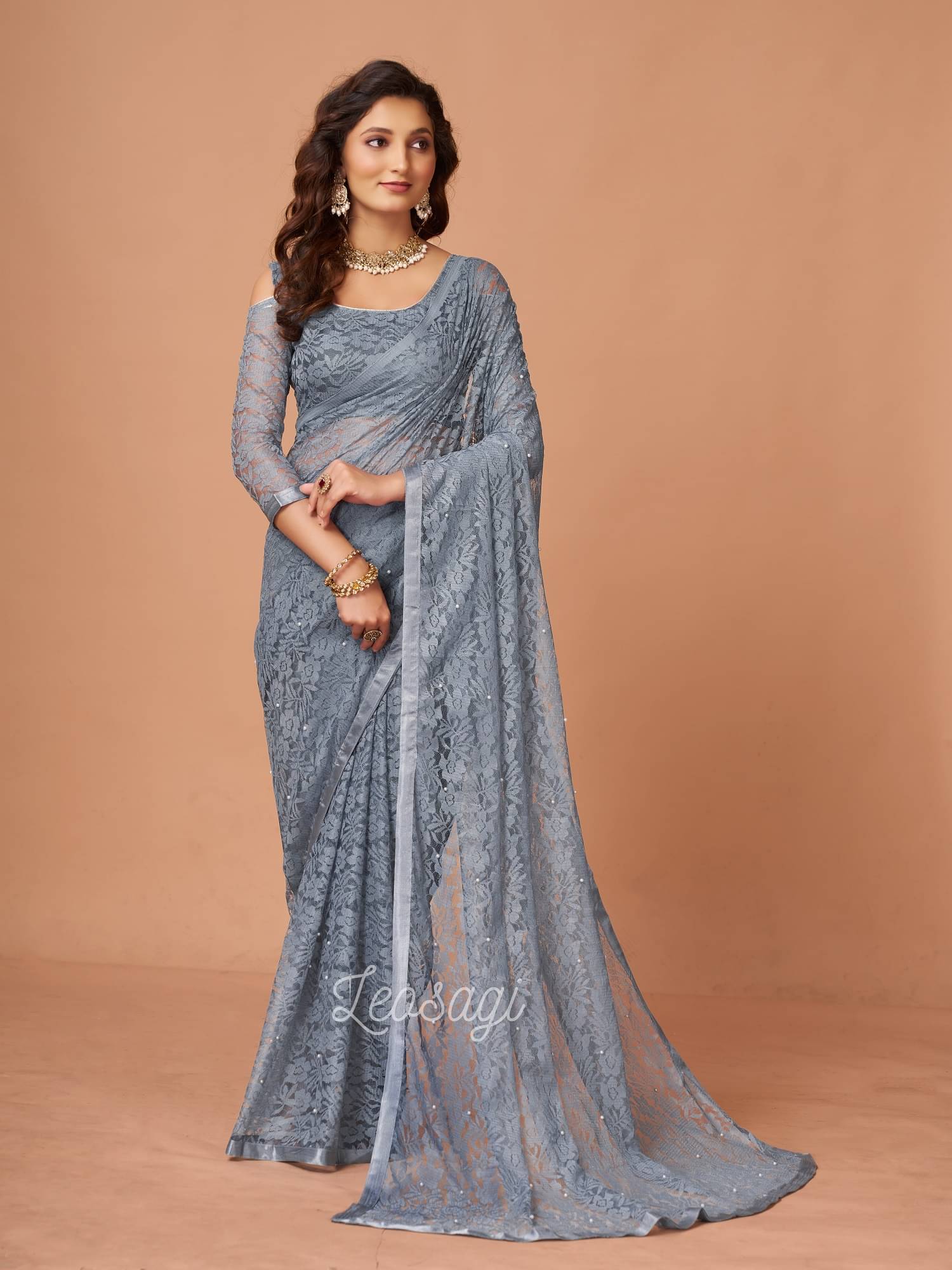 VERVIZA Net Printed Saree Without Blouse Piece ( Grey ) VERVIZA Net Printed Saree Without Blouse Piece ( Grey )