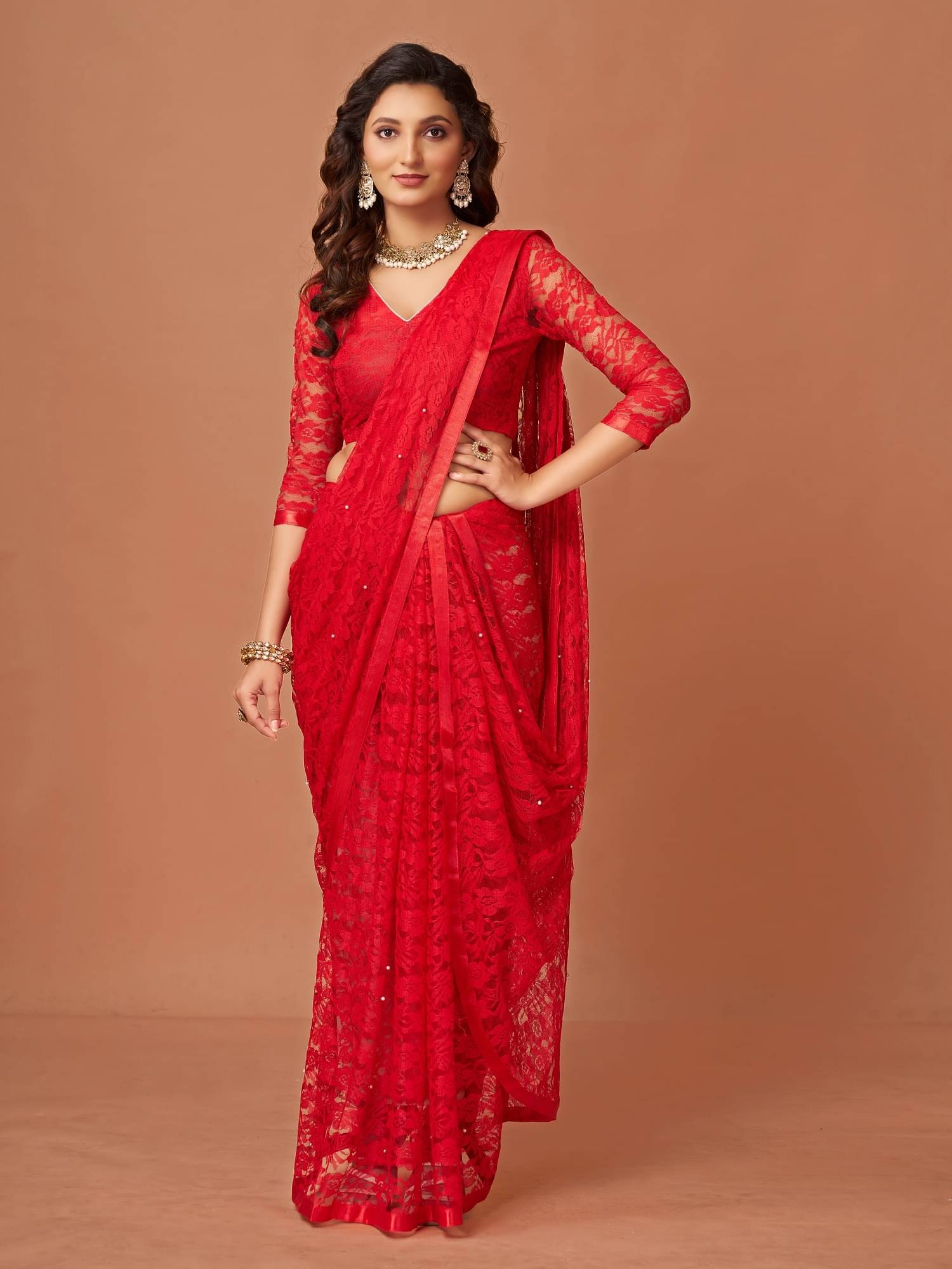 VERVIZA Net Printed Saree Without Blouse Piece ( Red ) VERVIZA Net Printed Saree Without Blouse Piece ( Red )