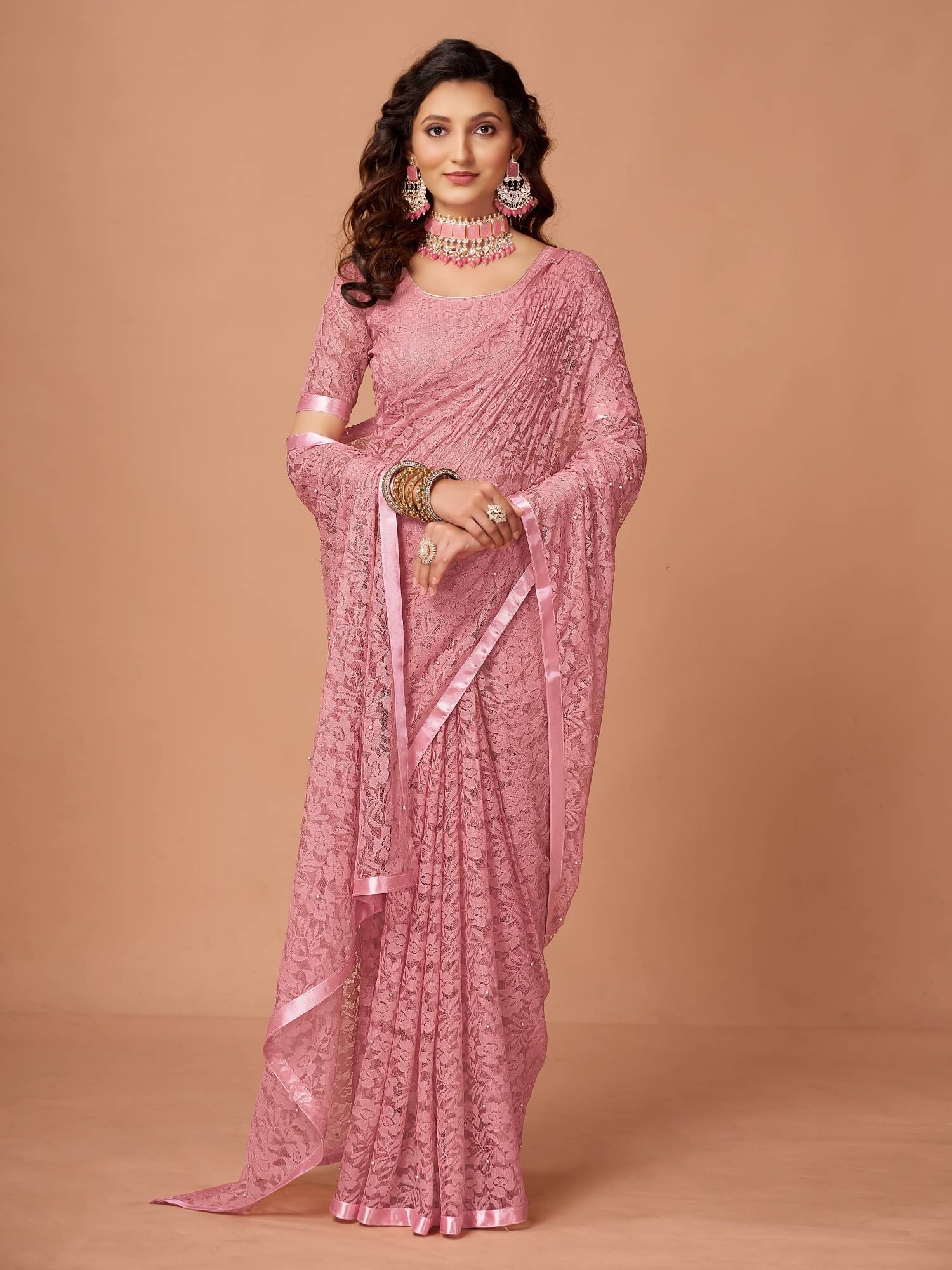     			VERVIZA Net Printed Saree Without Blouse Piece ( Beige )