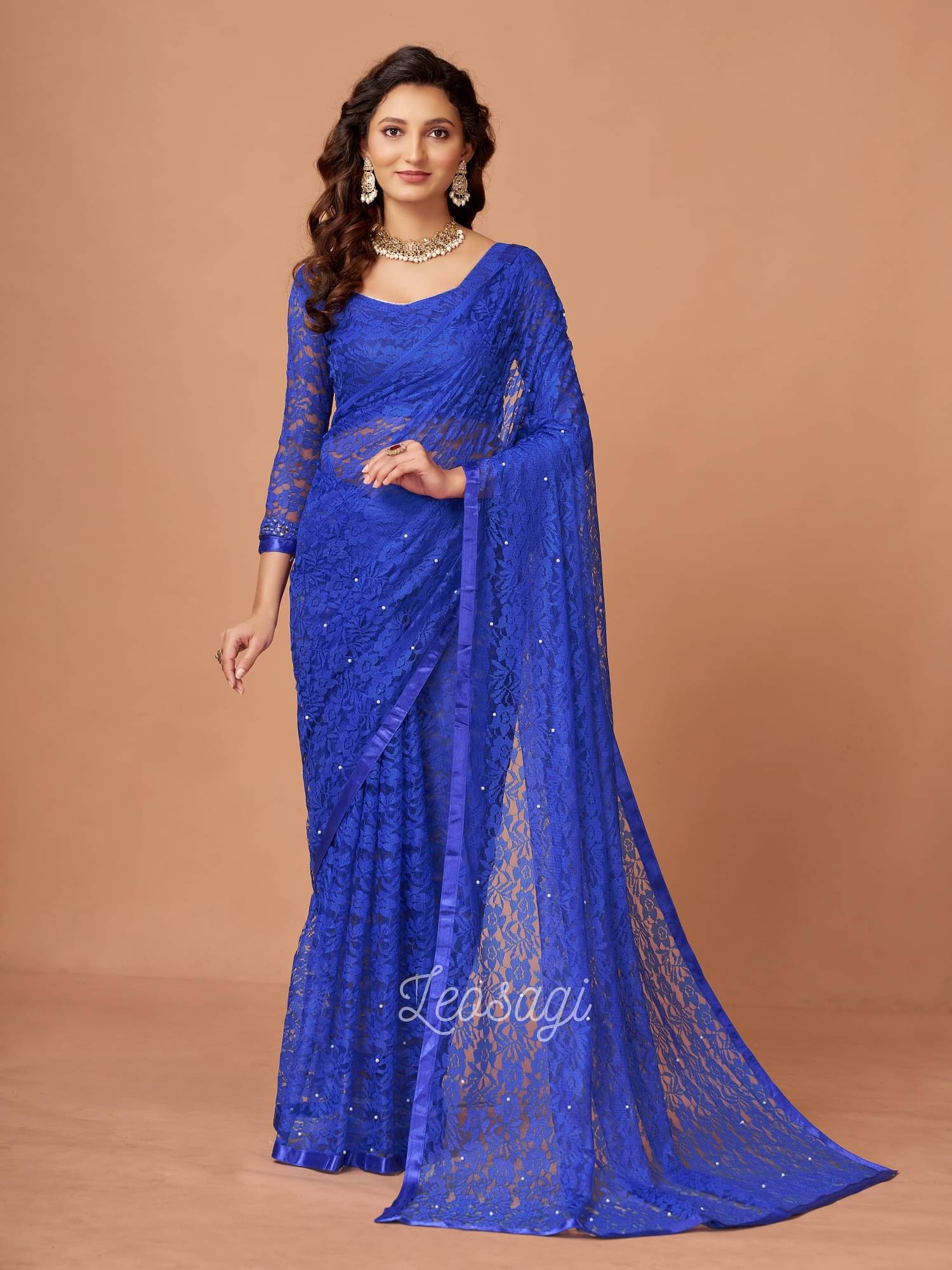     			VERVIZA Net Printed Saree Without Blouse Piece ( Blue )
