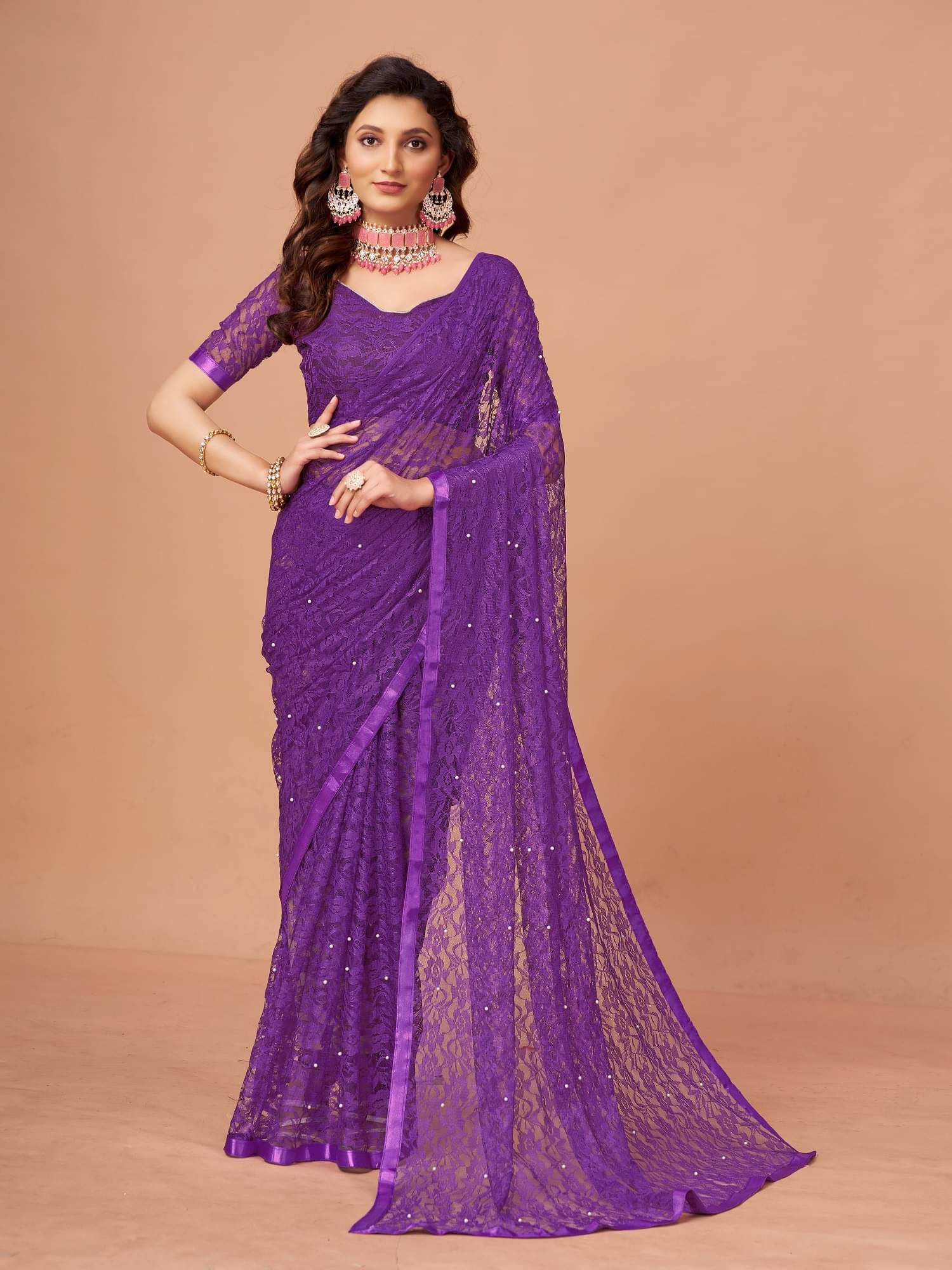 VERVIZA Net Printed Saree Without Blouse Piece ( Purple ) VERVIZA Net Printed Saree Without Blouse Piece ( Purple )