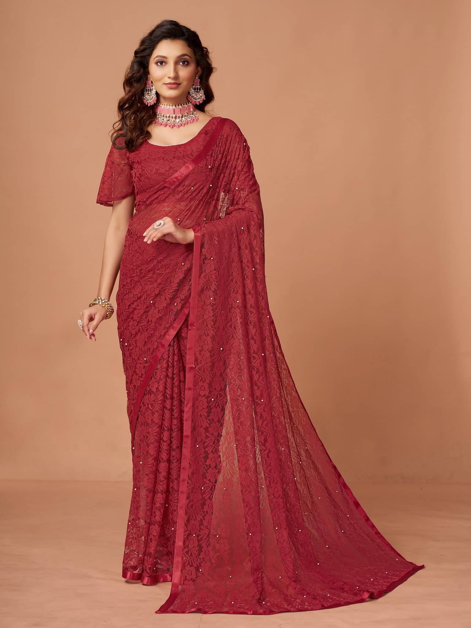 VERVIZA Net Printed Saree Without Blouse Piece ( Maroon ) VERVIZA Net Printed Saree Without Blouse Piece ( Maroon )