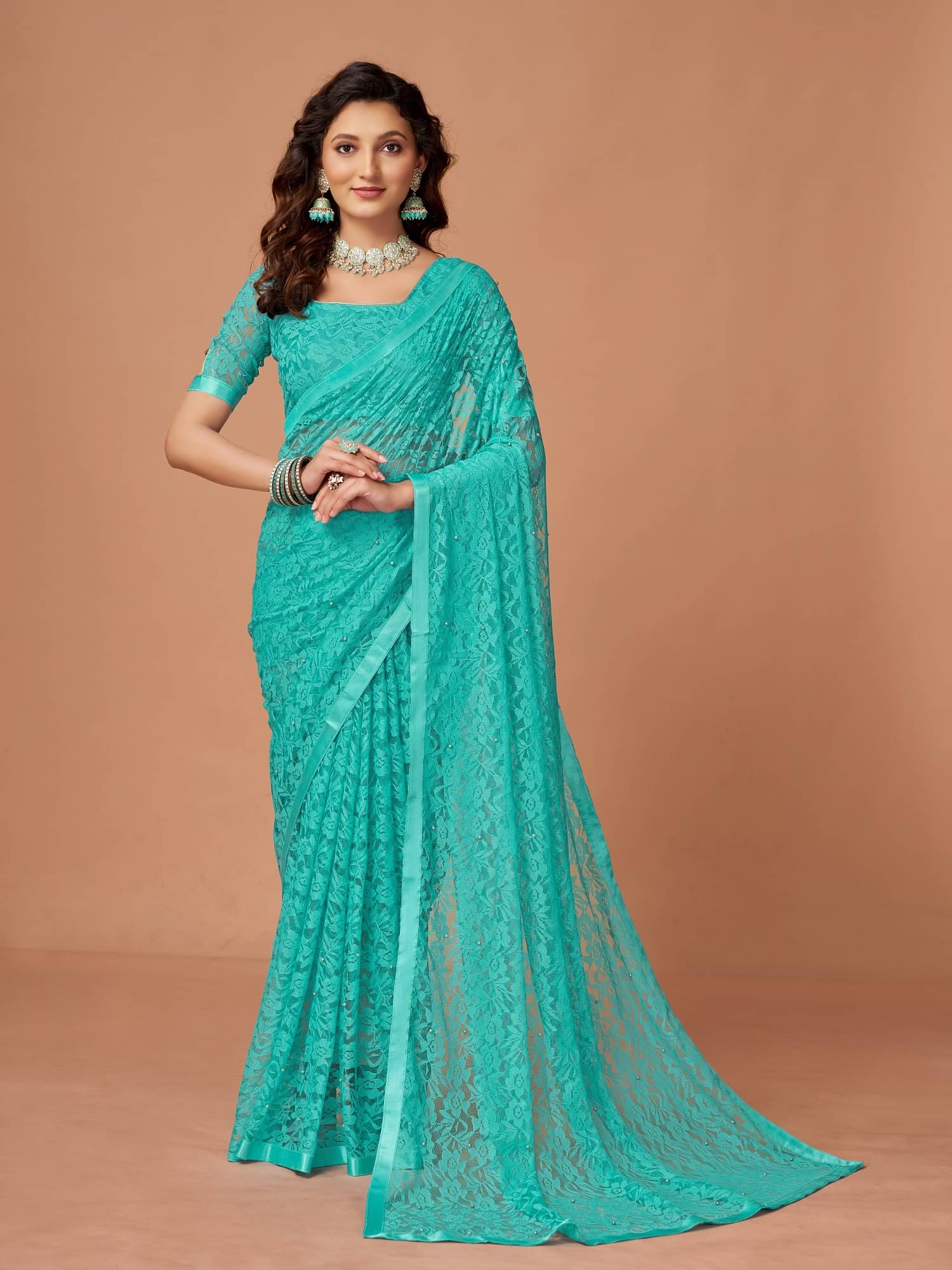     			VERVIZA Net Printed Saree Without Blouse Piece ( SkyBlue )
