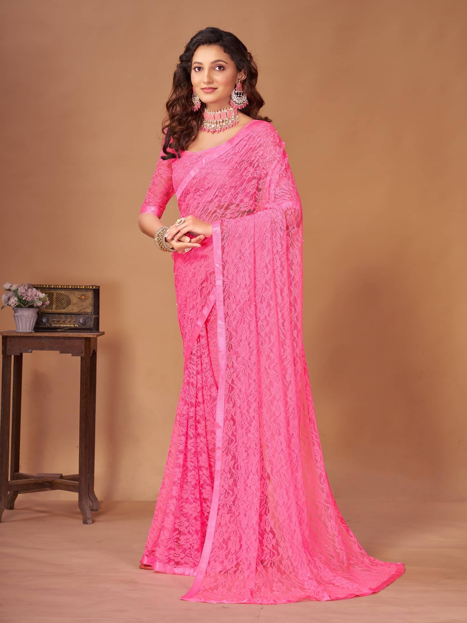 VERVIZA Net Printed Saree Without Blouse Piece ( Rani ) VERVIZA Net Printed Saree Without Blouse Piece ( Rani )