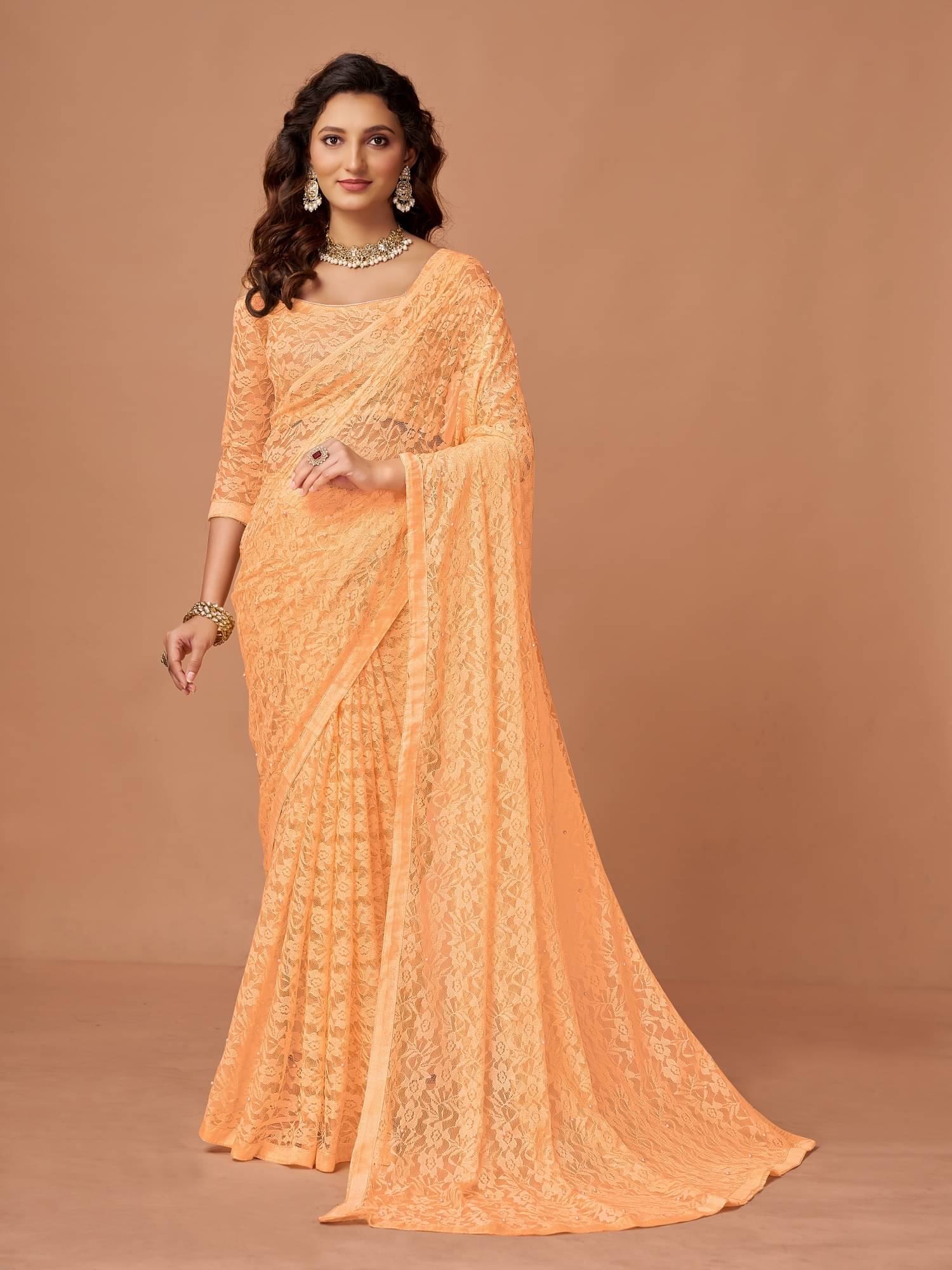 VERVIZA Net Printed Saree Without Blouse Piece ( Cream ) VERVIZA Net Printed Saree Without Blouse Piece ( Cream )