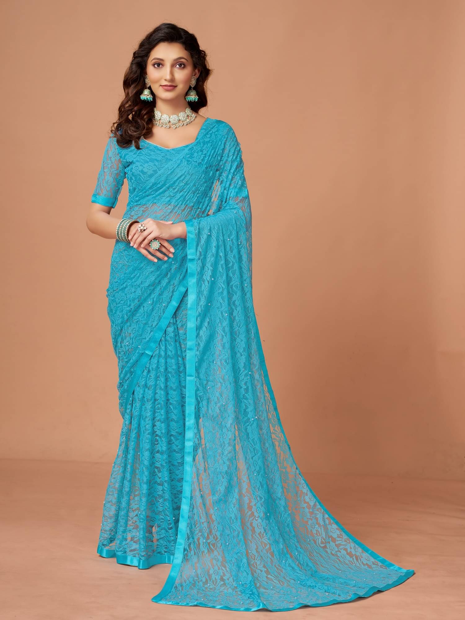 VERVIZA Net Printed Saree Without Blouse Piece ( Rama ) VERVIZA Net Printed Saree Without Blouse Piece ( Rama )