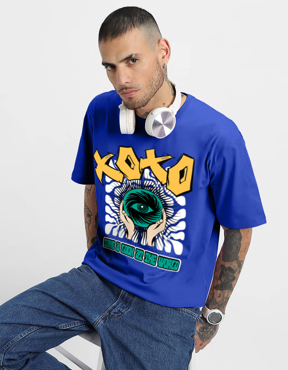 Veirdo Pack of 1 100% Cotton Oversized Fit Men's T-Shirt ( Blue )