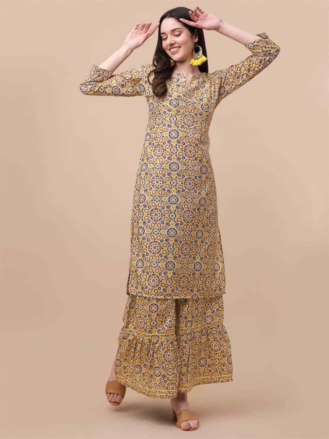 gufrina Chanderi Printed Kurti With Sharara And Gharara Women's Stitched Salwar Suit - Yellow ( Pack of 1 ) gufrina Chanderi Printed Kurti With Sharara And Gharara Women's Stitched Salwar Suit - Yellow ( Pack of 1 )