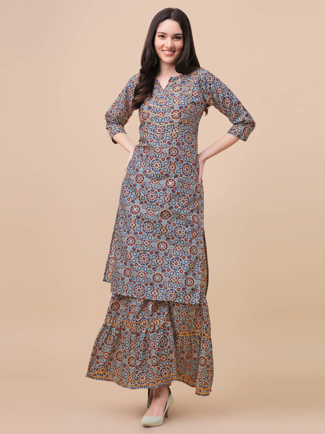 gufrina Chanderi Printed Kurti With Sharara And Gharara Women's Stitched Salwar Suit - Blue ( Pack of 1 )     			gufrina Chanderi Printed Kurti With Sharara And Gharara Women's Stitched Salwar Suit - Blue ( Pack of 1 )