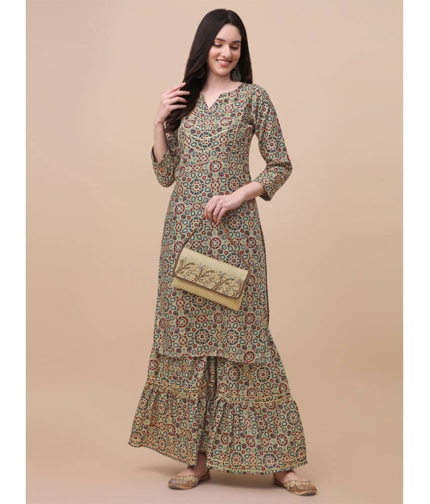 gufrina Chanderi Printed Kurti With Sharara And Gharara Women's Stitched Salwar Suit - Green ( Pack of 1 )