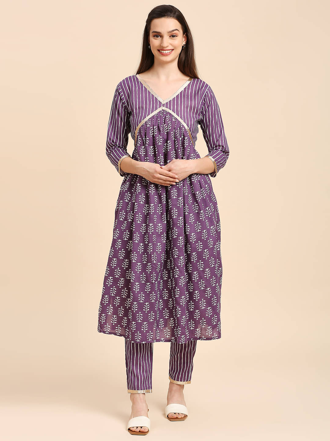     			gufrina Cotton Printed Kurti With Pants Women's Stitched Salwar Suit - Purple ( Pack of 1 )