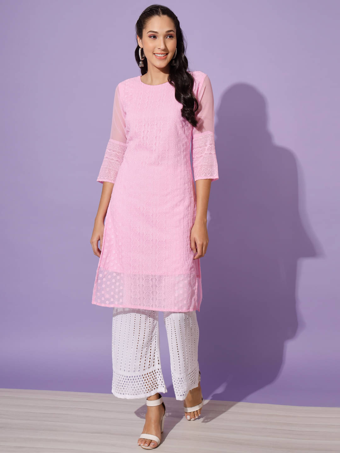     			gufrina Georgette Embroidered Kurti With Palazzo Women's Stitched Salwar Suit - Pink ( Pack of 1 )