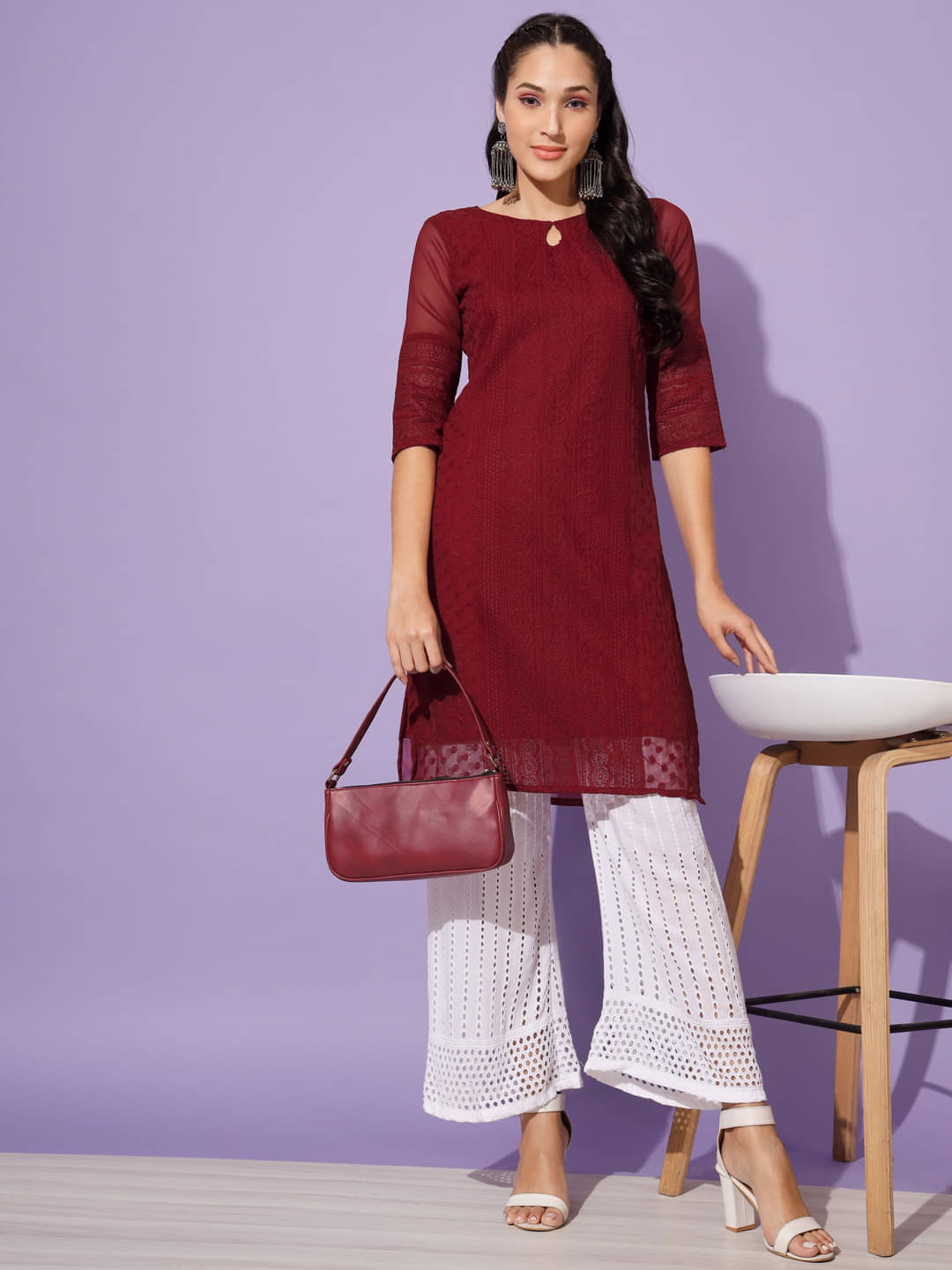     			gufrina Georgette Embroidered Kurti With Palazzo Women's Stitched Salwar Suit - Maroon ( Pack of 1 )