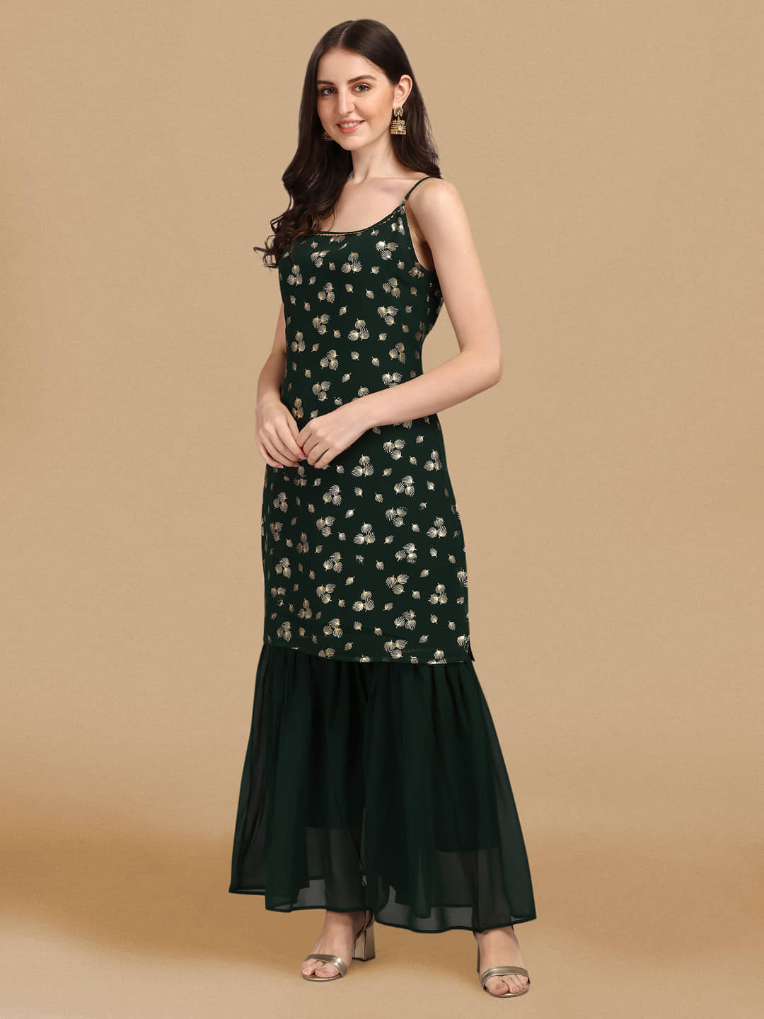 gufrina Georgette Printed Kurti With Sharara And Gharara Women's Stitched Salwar Suit - Green ( Pack of 1 )