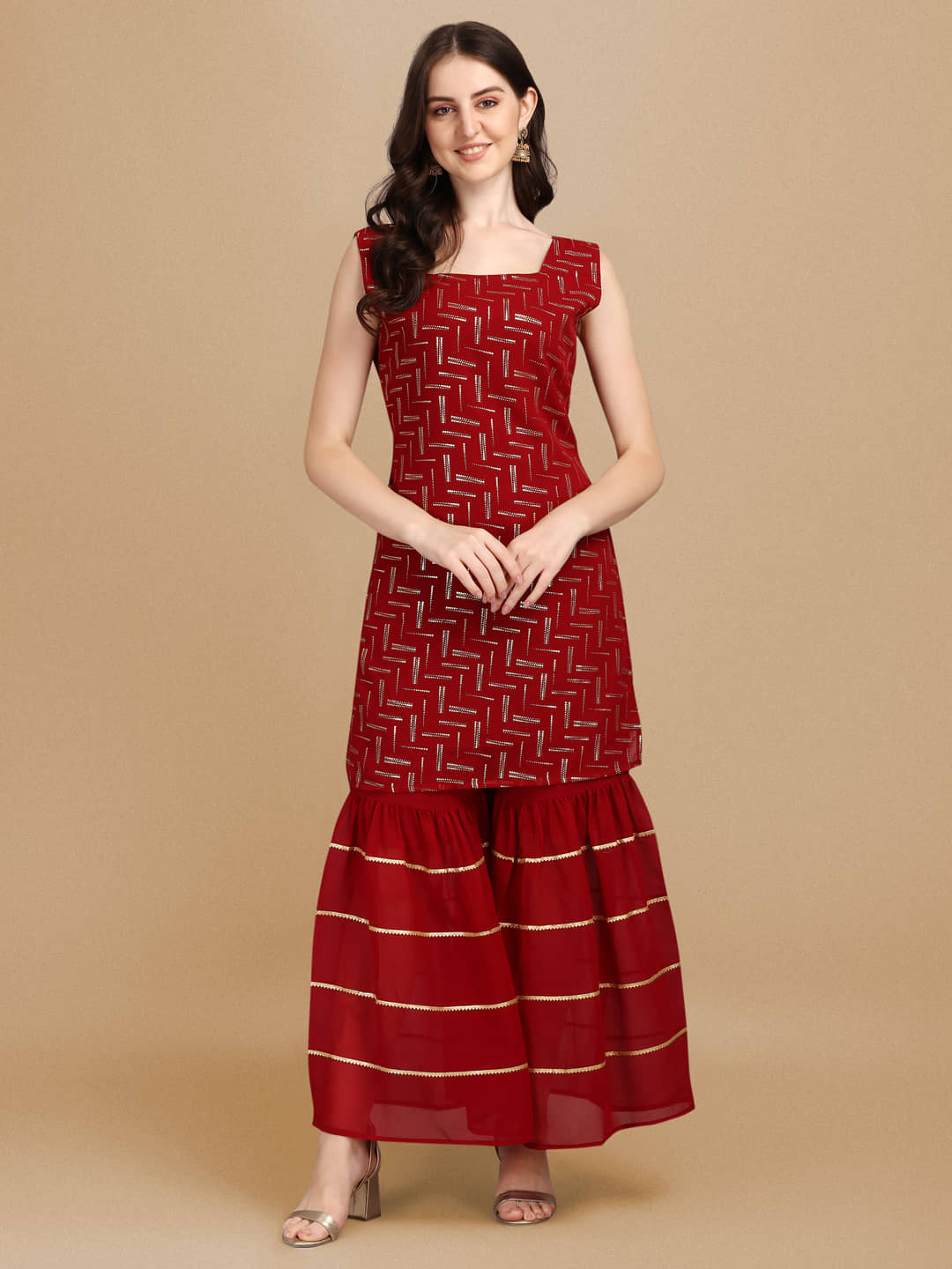 gufrina Georgette Printed Kurti With Sharara And Gharara Women's Stitched Salwar Suit - Red ( Pack of 1 )