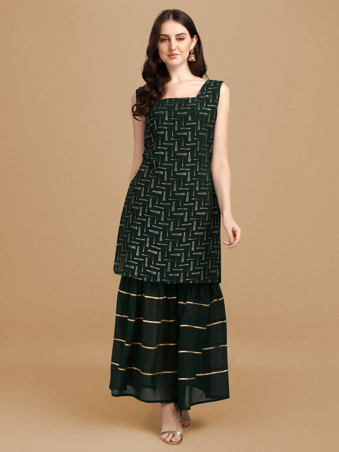 gufrina Georgette Printed Kurti With Sharara And Gharara Women's Stitched Salwar Suit - Green ( Pack of 1 )