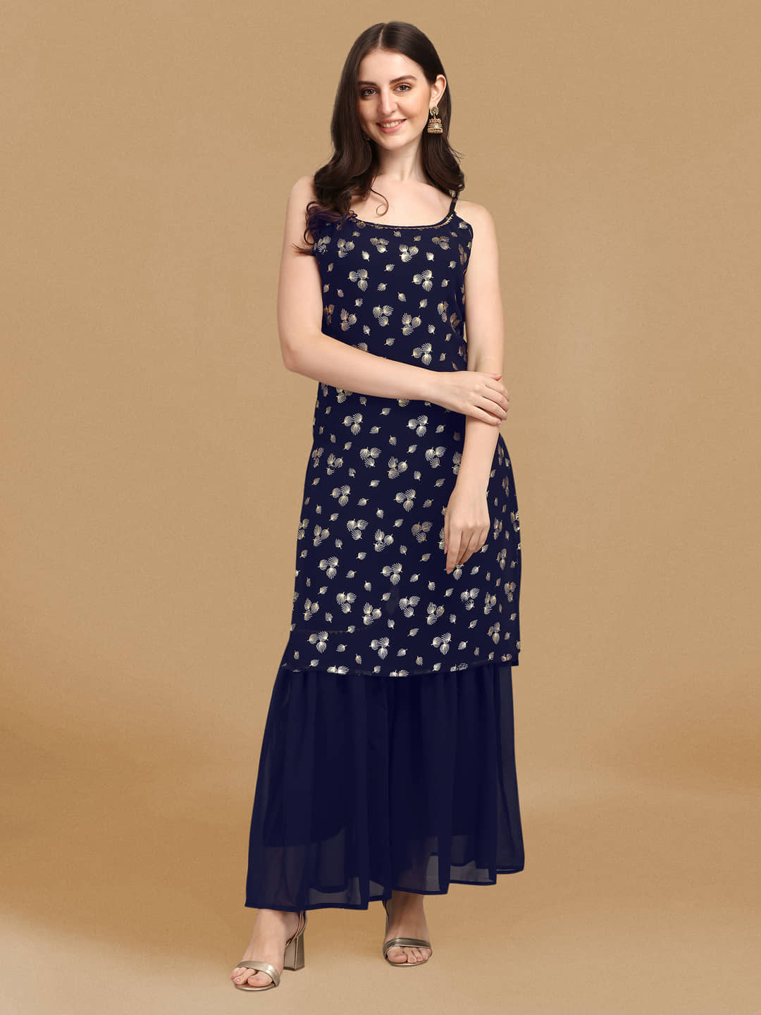 gufrina Georgette Printed Kurti With Sharara And Gharara Women's Stitched Salwar Suit - Blue ( Pack of 1 )