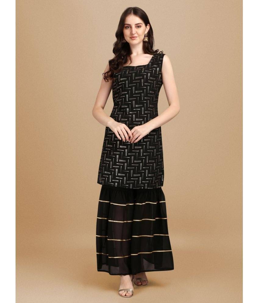     			gufrina Georgette Printed Kurti With Sharara And Gharara Women's Stitched Salwar Suit - Black ( Pack of 1 )