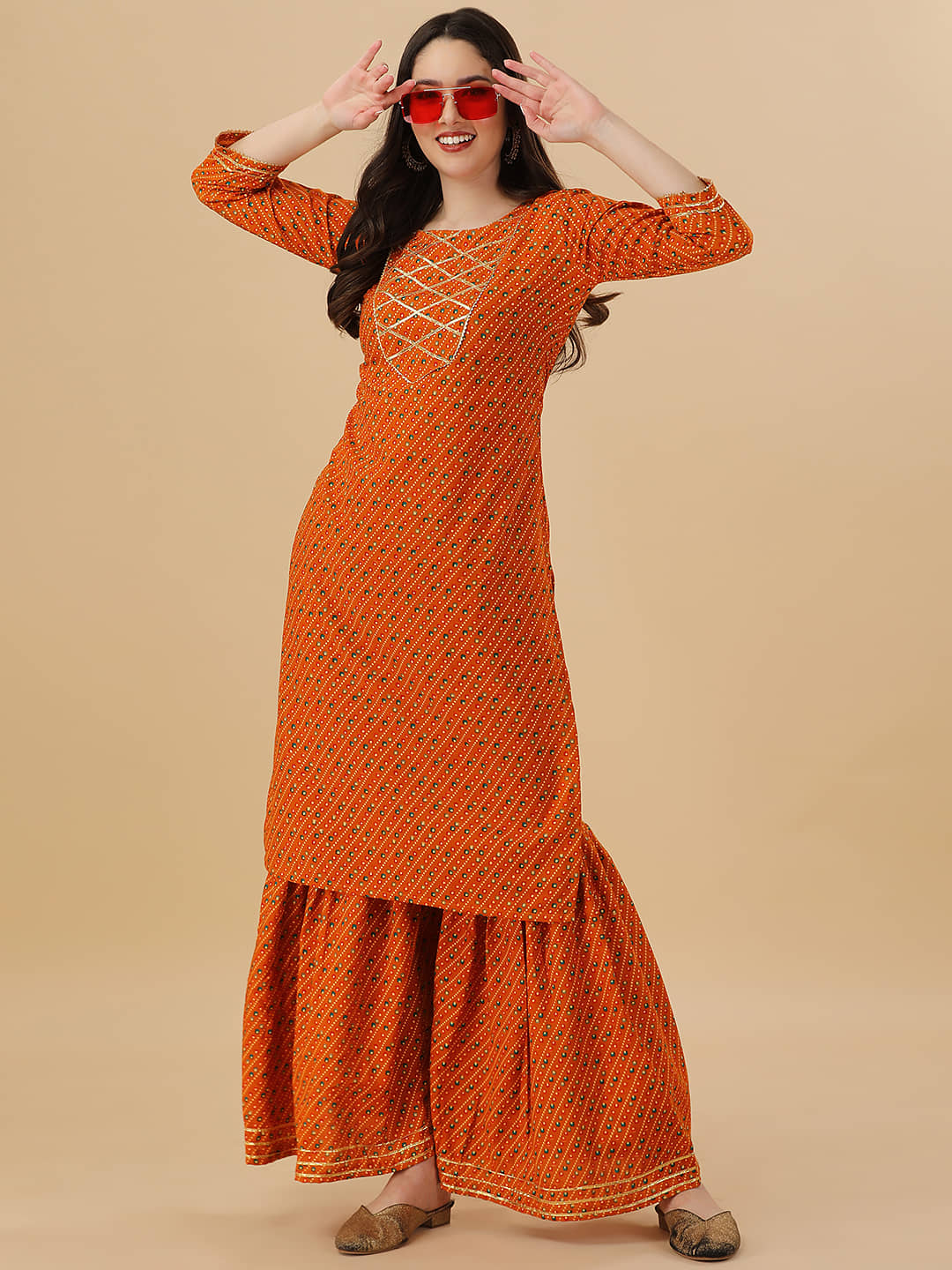 gufrina Women Rayon Printed Straight Kurti With Sharara And Gharara ( Orange )