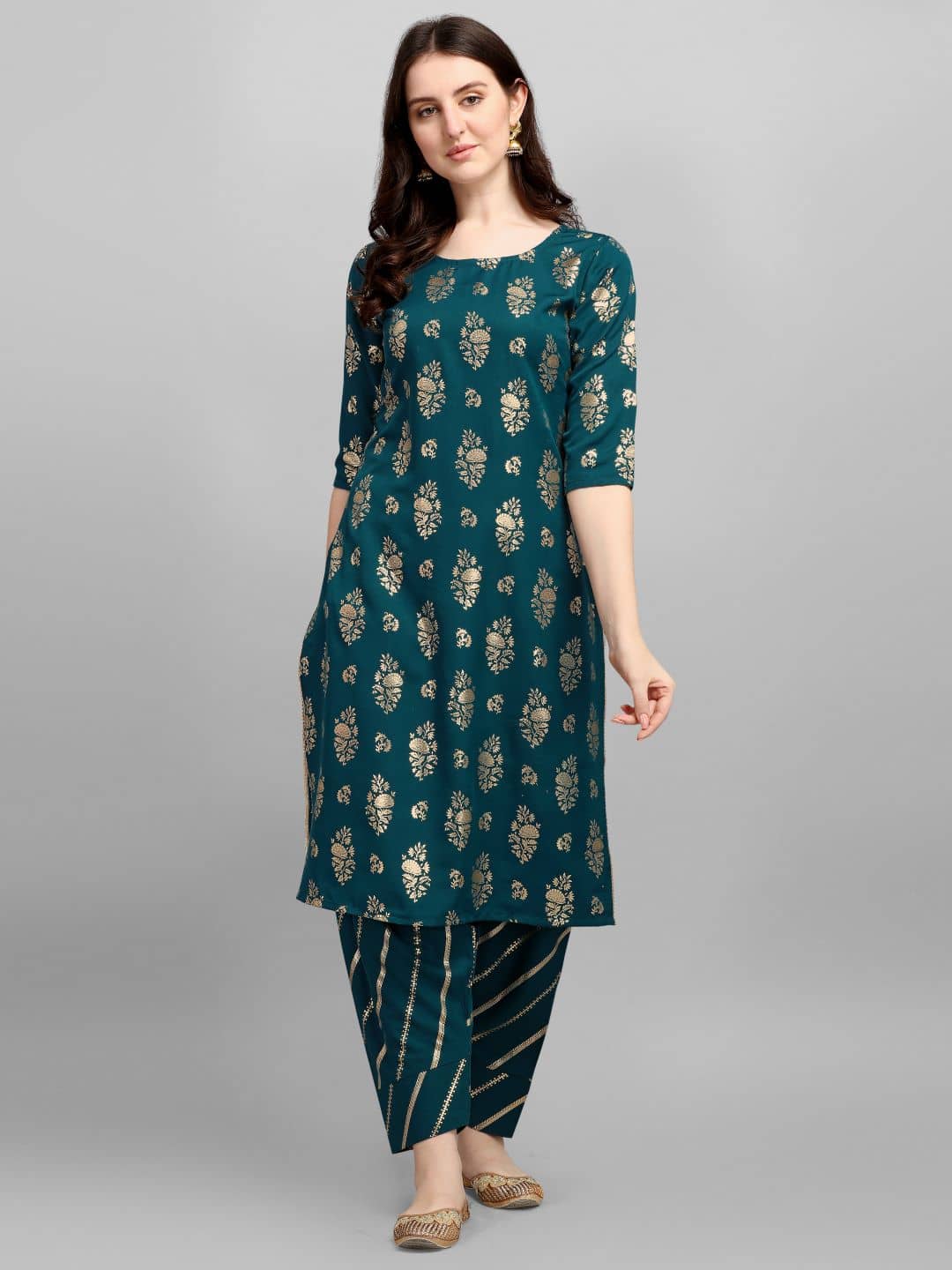 gufrina Rayon Printed Kurti With Salwar Women's Stitched Salwar Suit - Teal ( Pack of 1 )