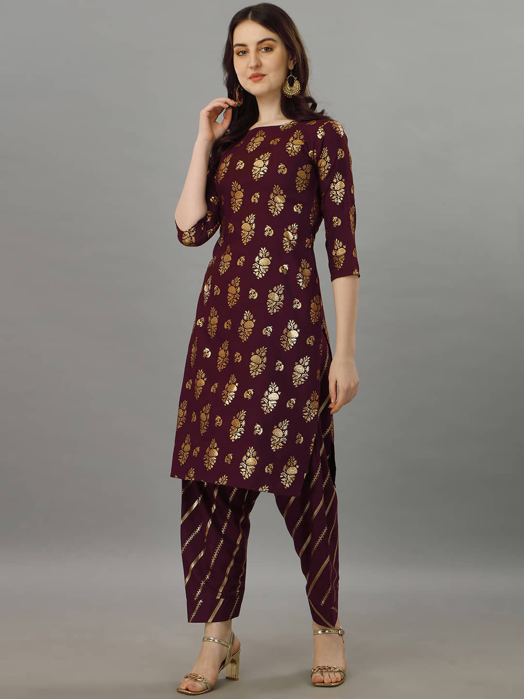 gufrina Rayon Printed Kurti With Salwar Women's Stitched Salwar Suit - Wine ( Pack of 1 )