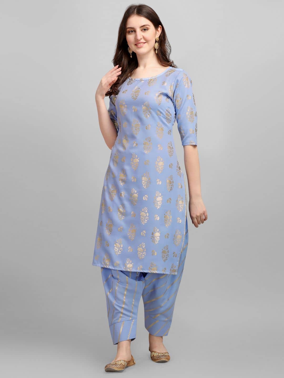 gufrina Rayon Printed Kurti With Salwar Women's Stitched Salwar Suit - Light Blue ( Pack of 1 )