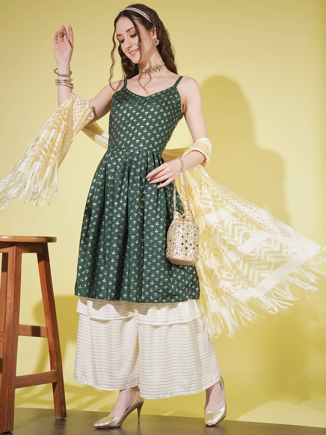 gufrina Rayon Printed Kurti With Sharara And Gharara Women's Stitched Salwar Suit - Green ( Pack of 1 )